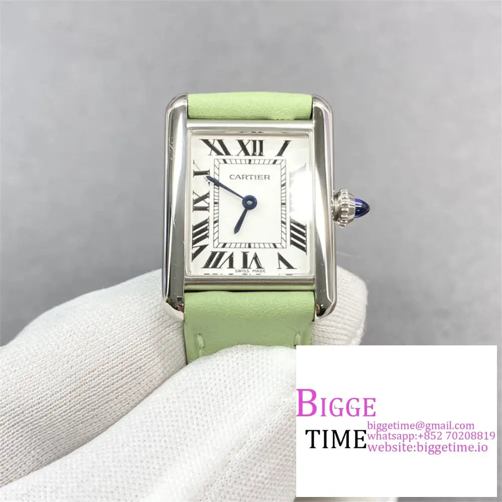 Tank Must 22Mm White Dial Green Leather Strap F1F Swiss Quartz Cartier