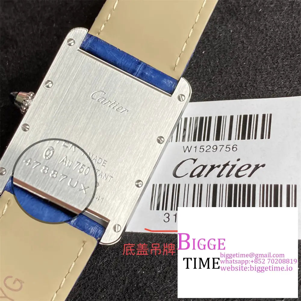 Tank Must 25Mm Blue Dial Leather Strap Drf Swiss Quartz Cartier