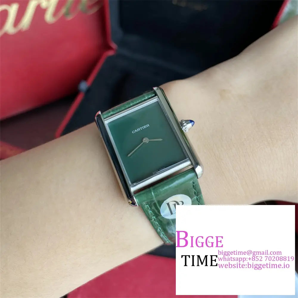 Tank Must 25Mm Green Dial Leather Strap Drf Swiss Quartz Cartier