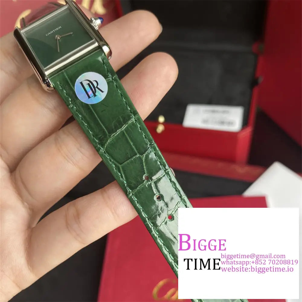 Tank Must 25Mm Green Dial Leather Strap Drf Swiss Quartz Cartier