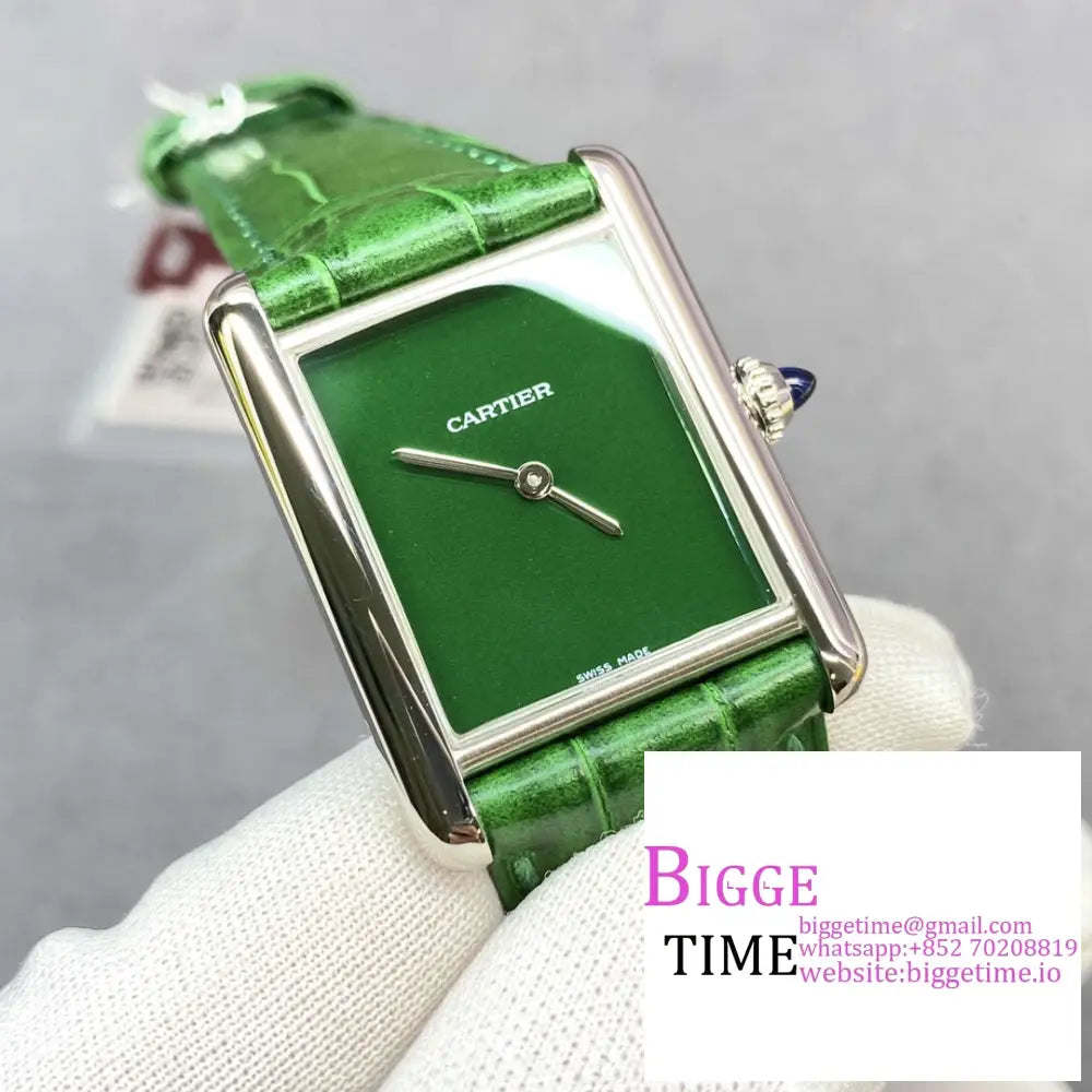 Tank Must 25Mm Green Dial Leather Strap F1F Swiss Quartz Cartier