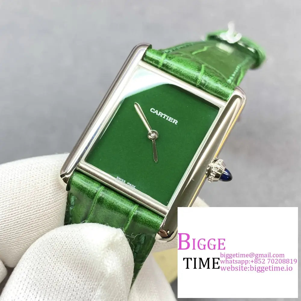 Tank Must 25Mm Green Dial Leather Strap F1F Swiss Quartz Cartier