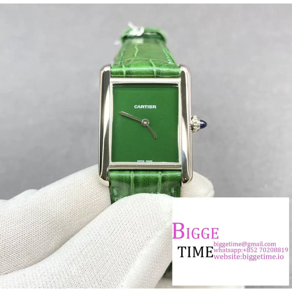 Tank Must 25Mm Green Dial Leather Strap F1F Swiss Quartz Option1 Cartier