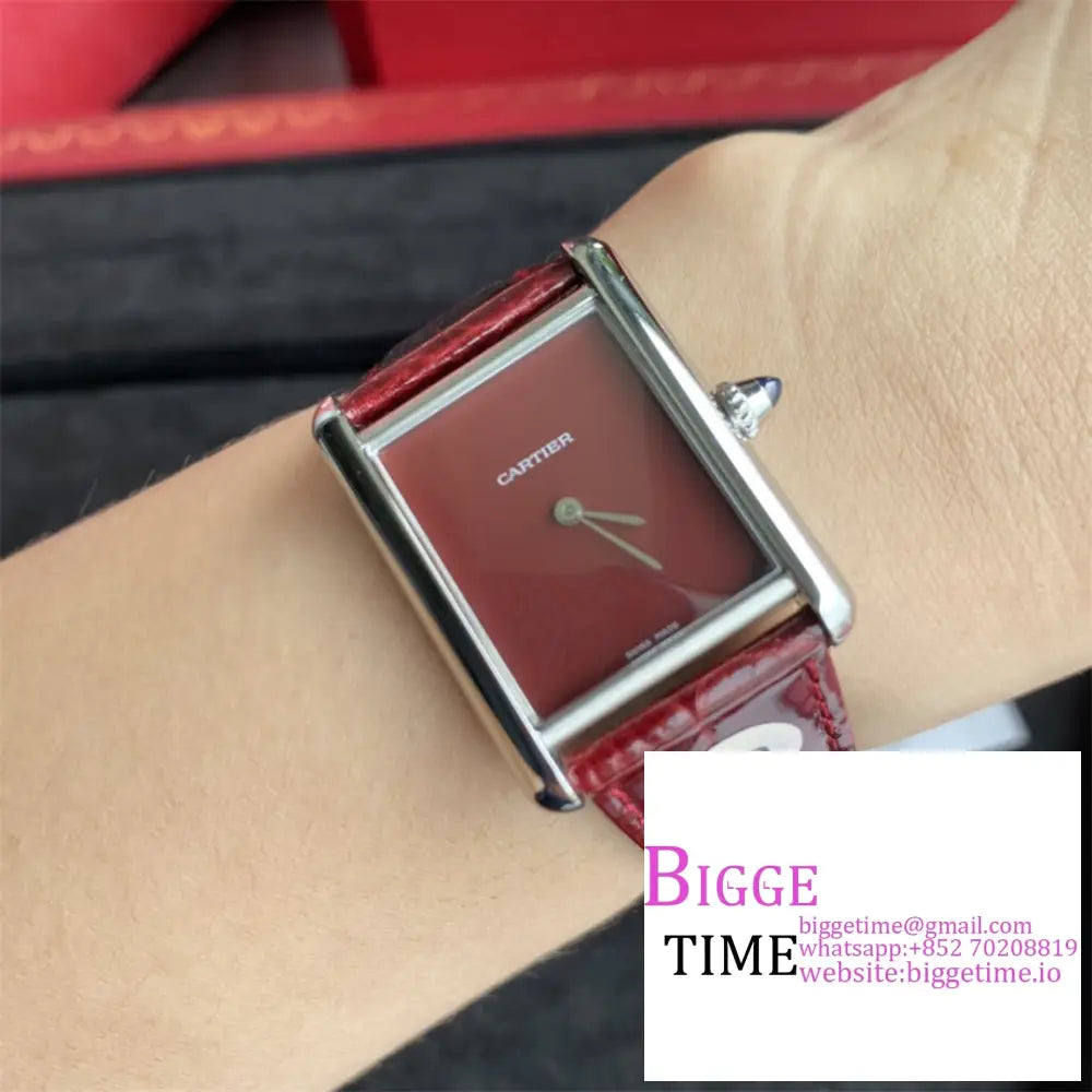 Tank Must 25Mm Red Dial Leather Strap Drf Swiss Quartz Cartier