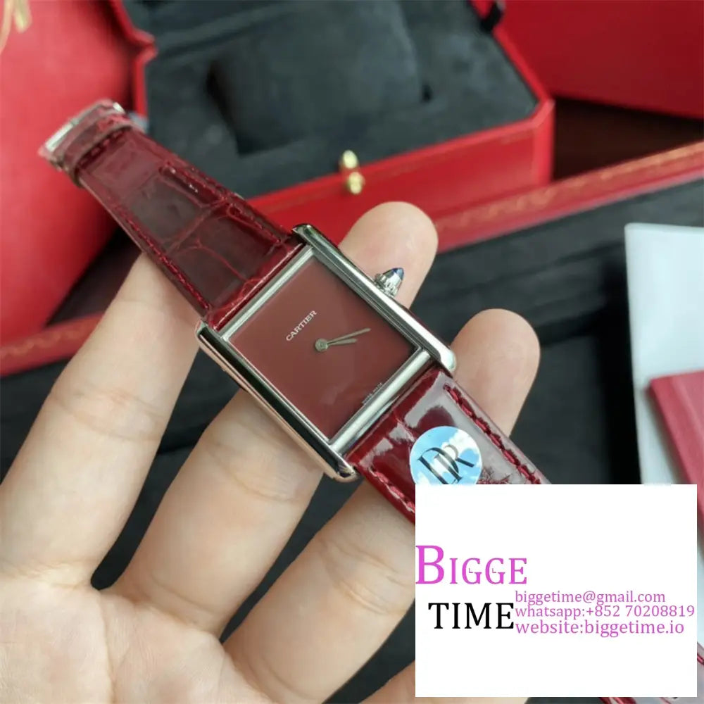 Tank Must 25Mm Red Dial Leather Strap Drf Swiss Quartz Cartier