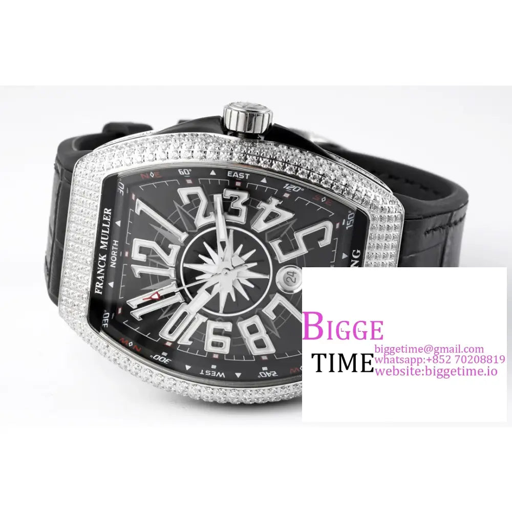 Vanguard V45 44Mm Diamond Bezel Black Dial Leather Strap Abf A2824 Franck Muller