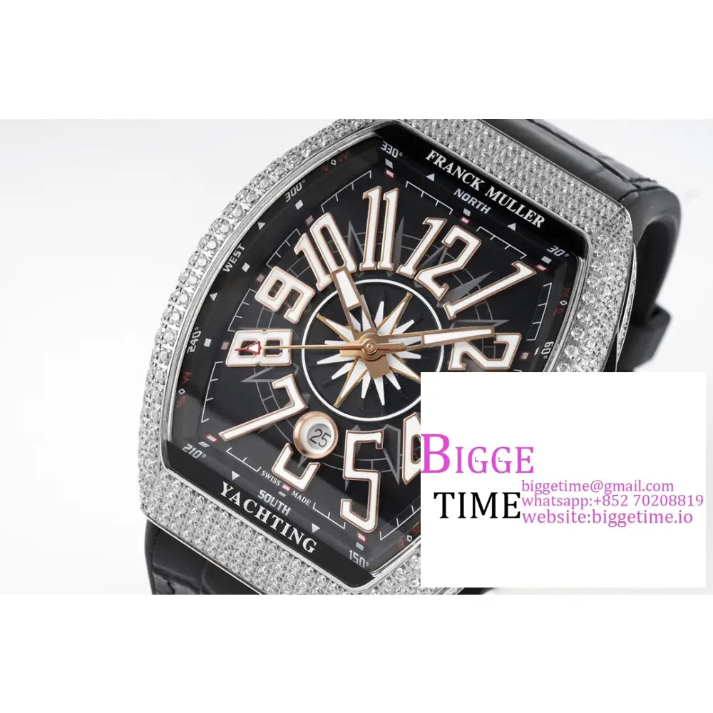 Vanguard V45 44Mm Diamond Bezel Black Dial Rg Crown Leather Strap Abf A2824 Franck Muller