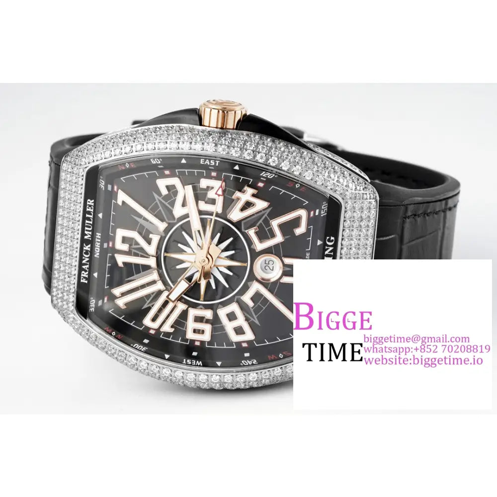 Vanguard V45 44Mm Diamond Bezel Black Dial Rg Crown Leather Strap Abf A2824 Franck Muller