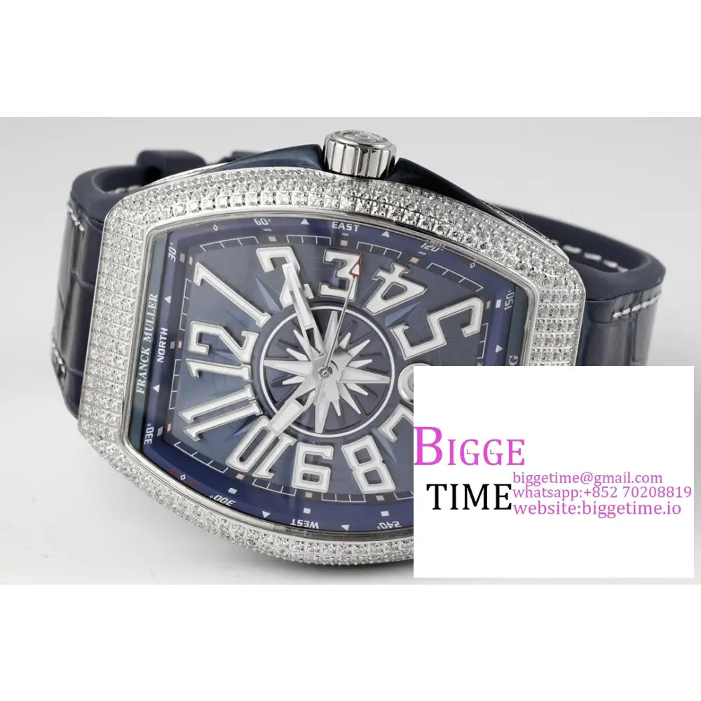 Vanguard V45 44Mm Diamond Bezel Blue Dial Leather Strap Abf A2824 Franck Muller