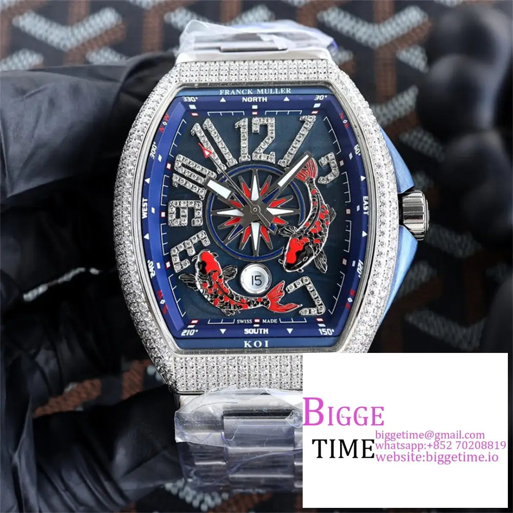 Vanguard V45 44Mm Diamond Bezel Blue Dial Marker Fish Ss Bracelet Abf A2824 Option1 Franck Muller