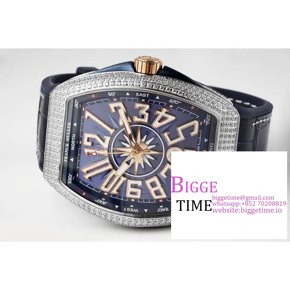 Vanguard V45 44Mm Diamond Bezel Blue Dial Rg Crown Leather Strap Abf A2824 Franck Muller