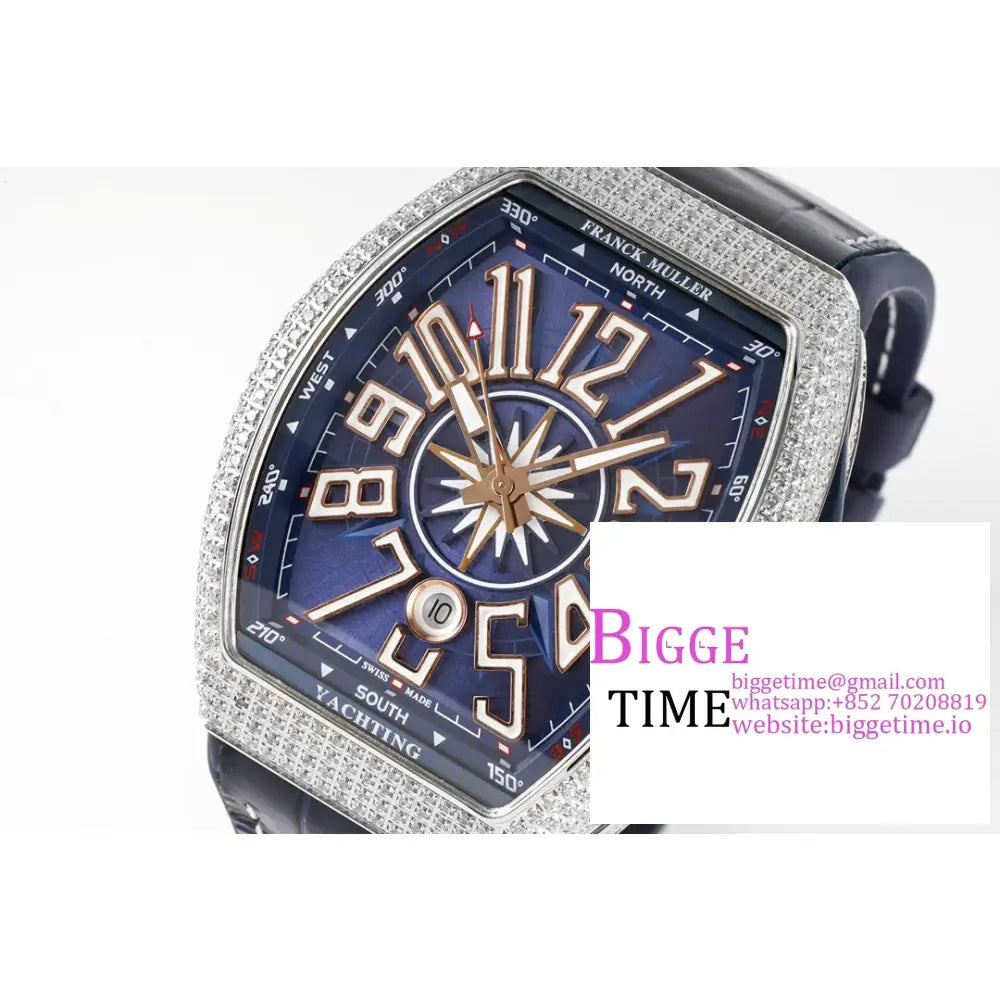 Vanguard V45 44Mm Diamond Bezel Blue Dial Rg Crown Leather Strap Abf A2824 Franck Muller