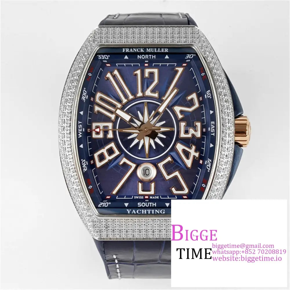 Vanguard V45 44Mm Diamond Bezel Blue Dial Rg Crown Leather Strap Abf A2824 Option1 Franck Muller