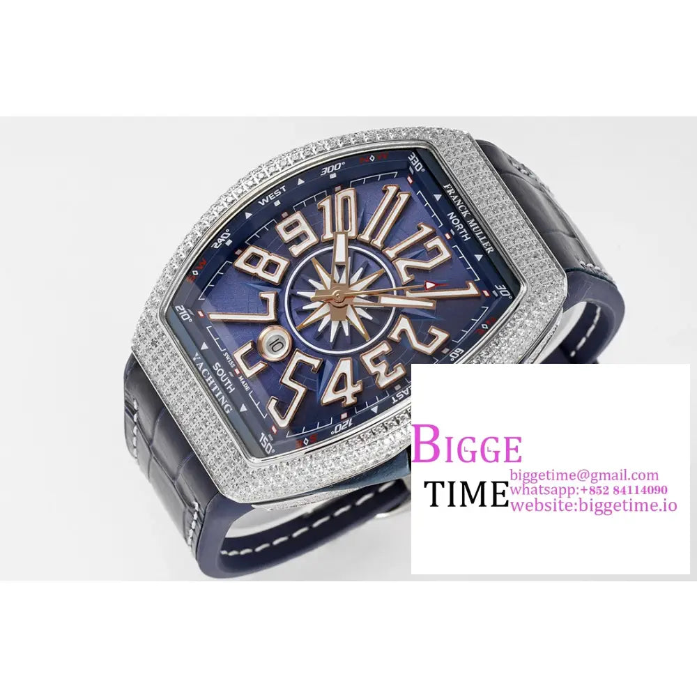 Vanguard V45 44Mm Diamond Bezel Blue Dial Rg Crown Leather Strap Abf A2824 Franck Muller