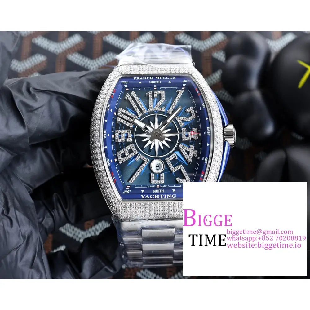 Vanguard V45 44Mm Diamond Bezel Blue Dial Ss Bracelet Abf A2824 Franck Muller