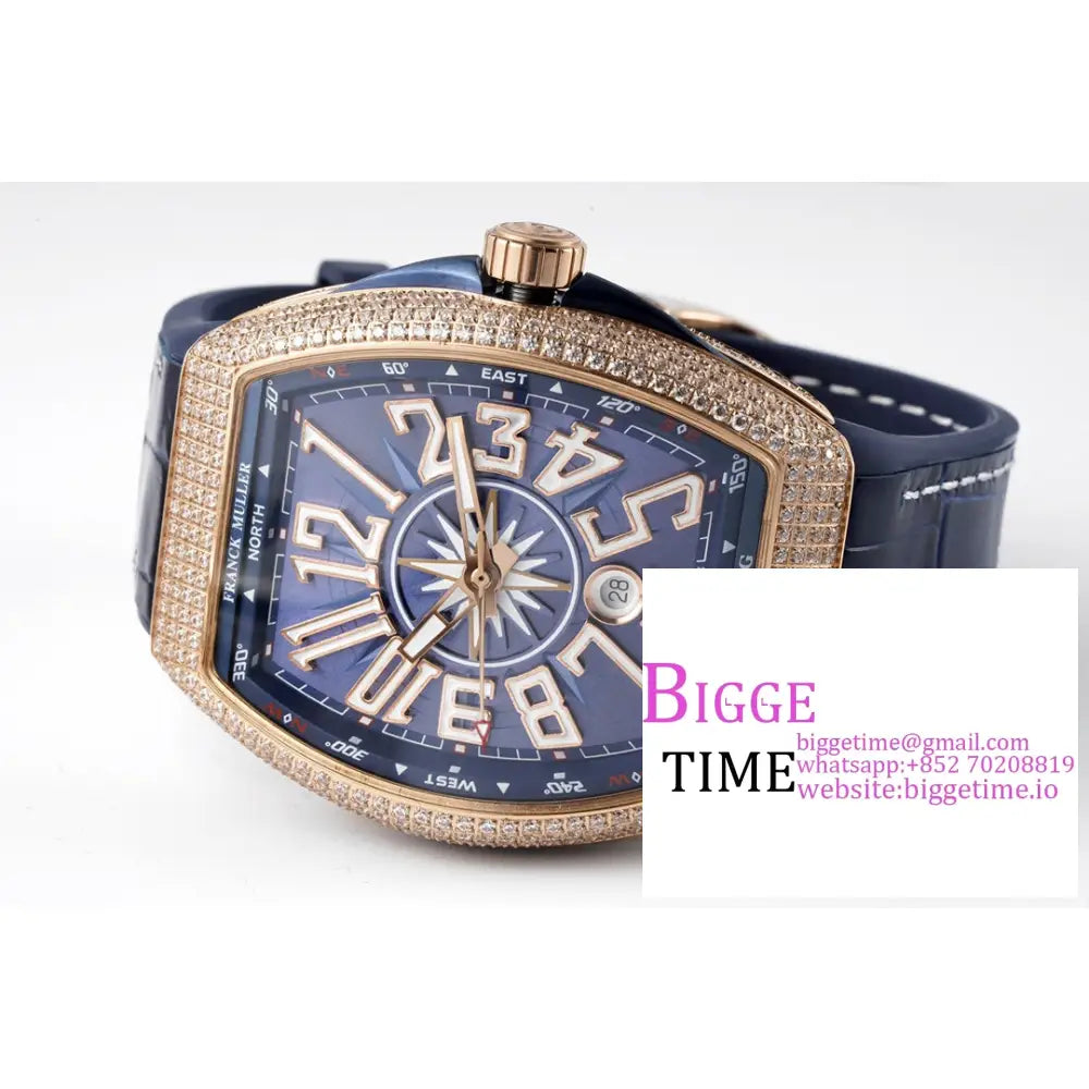 Vanguard V45 44Mm Rg Diamond Bezel Blue Dial Leather Strap Abf A2824 Franck Muller