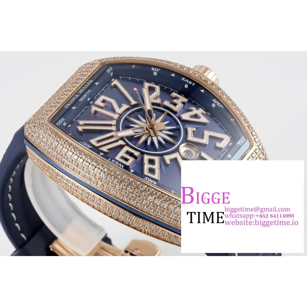 Vanguard V45 44Mm Rg Diamond Bezel Blue Dial Leather Strap Abf A2824 Franck Muller