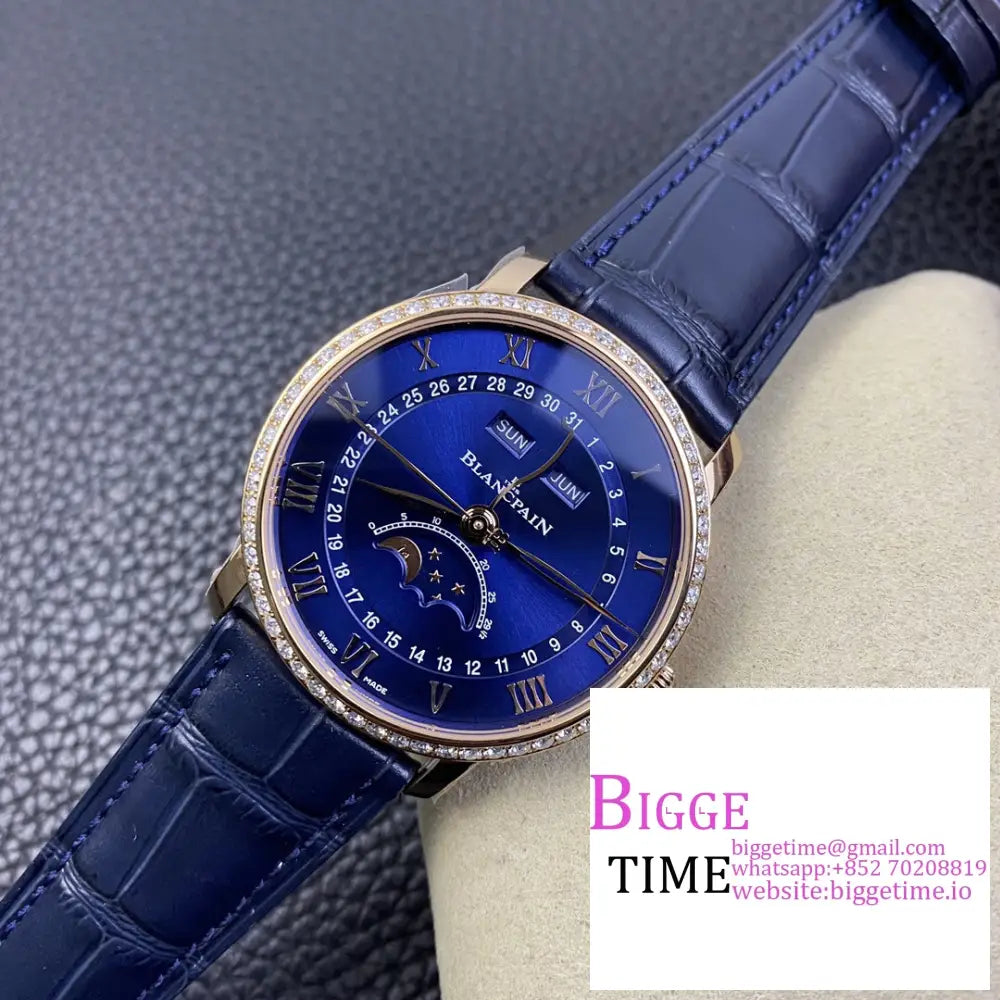 Villeret 6654 40Mm Diamond Bezel Rg Blue Dial Leather Strap Omf A6654 Blancpain