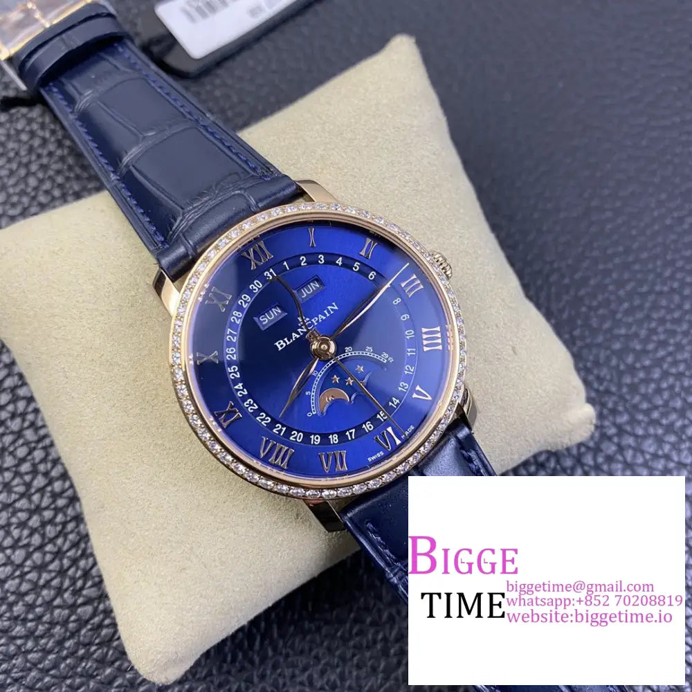 Villeret 6654 40Mm Diamond Bezel Rg Blue Dial Leather Strap Omf A6654 Blancpain