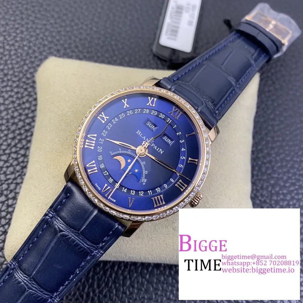 Villeret 6654 40Mm Diamond Bezel Rg Blue Dial Leather Strap Omf A6654 Blancpain