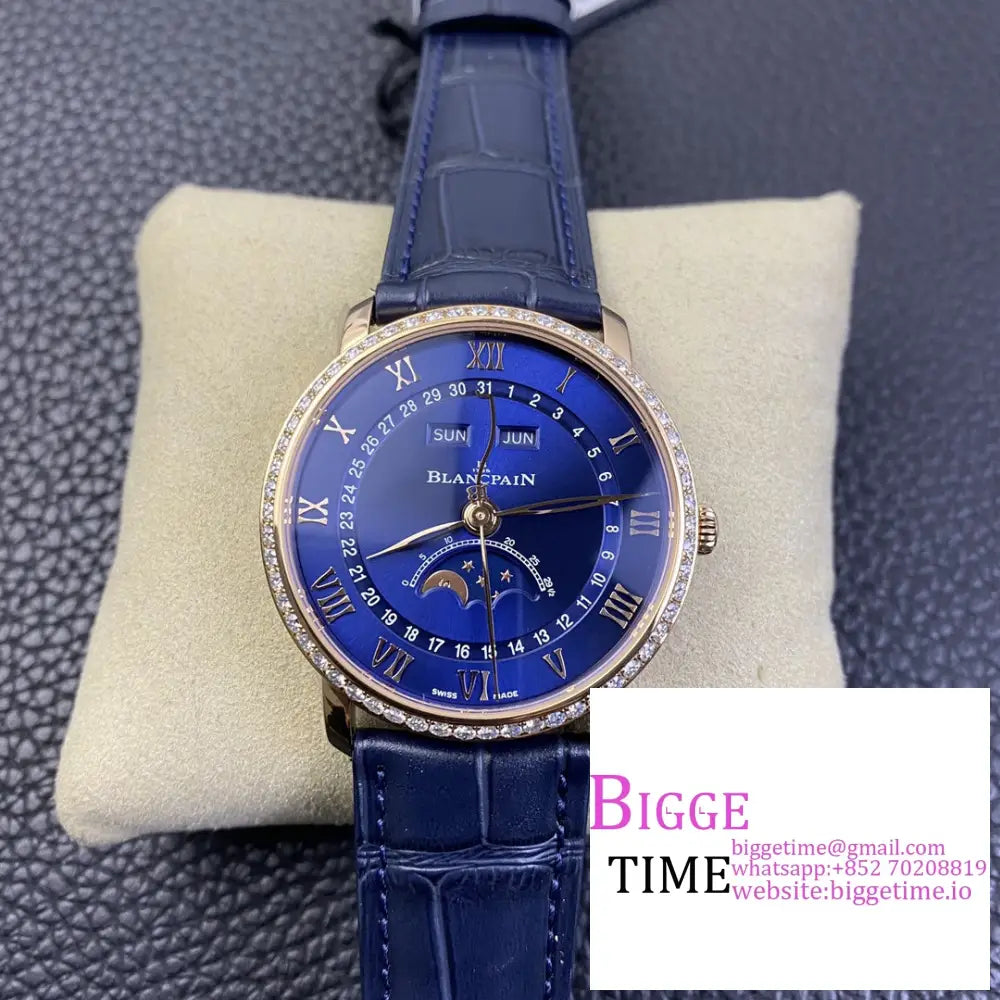 Villeret 6654 40Mm Diamond Bezel Rg Blue Dial Leather Strap Omf A6654 Option1 Blancpain