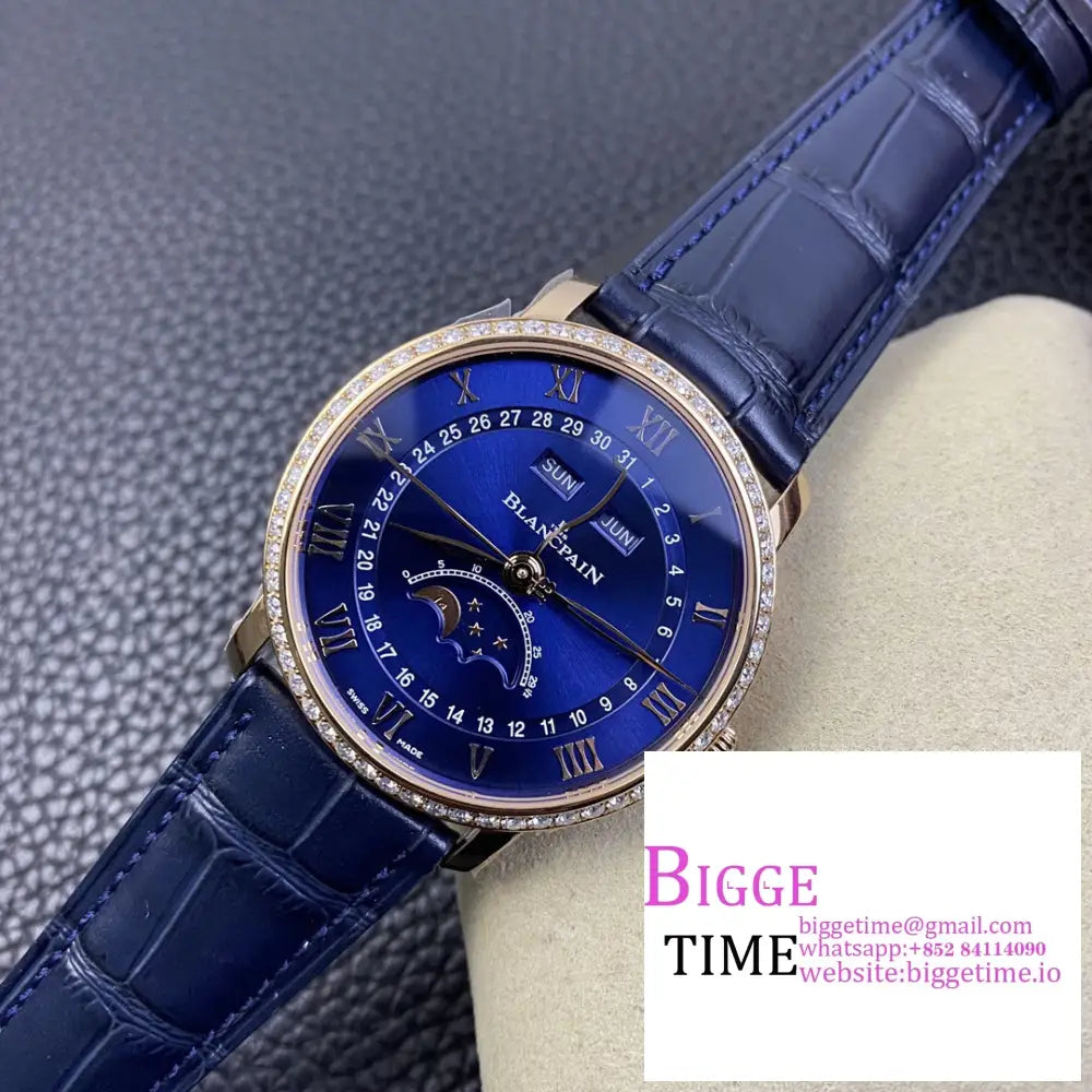 Villeret 6654 40Mm Diamond Bezel Rg Blue Dial Leather Strap Omf A6654 Blancpain
