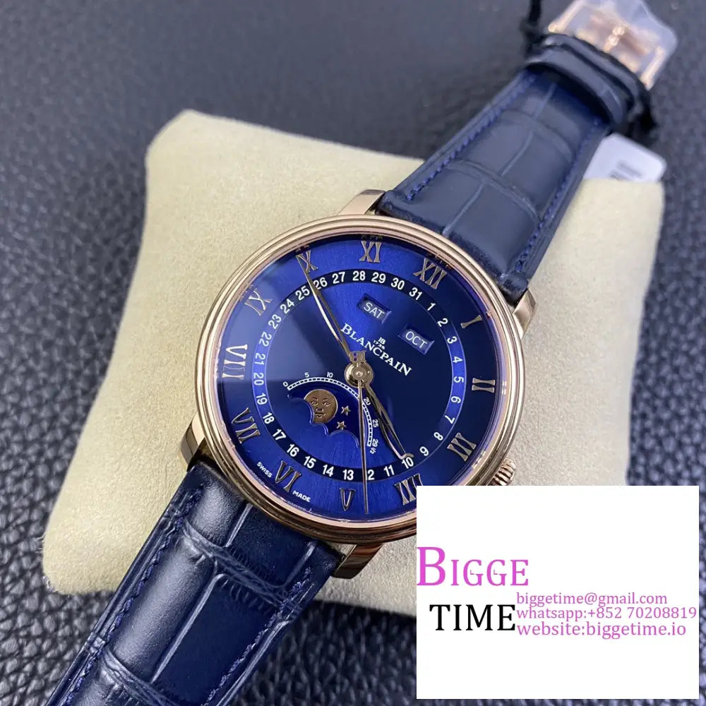 Villeret 6654 40Mm Rg Blue Dial Leather Strap Omf A6654 Blancpain