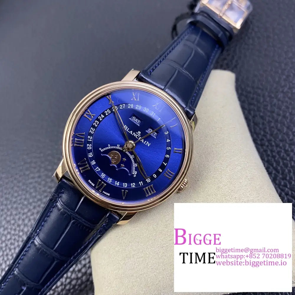 Villeret 6654 40Mm Rg Blue Dial Leather Strap Omf A6654 Blancpain