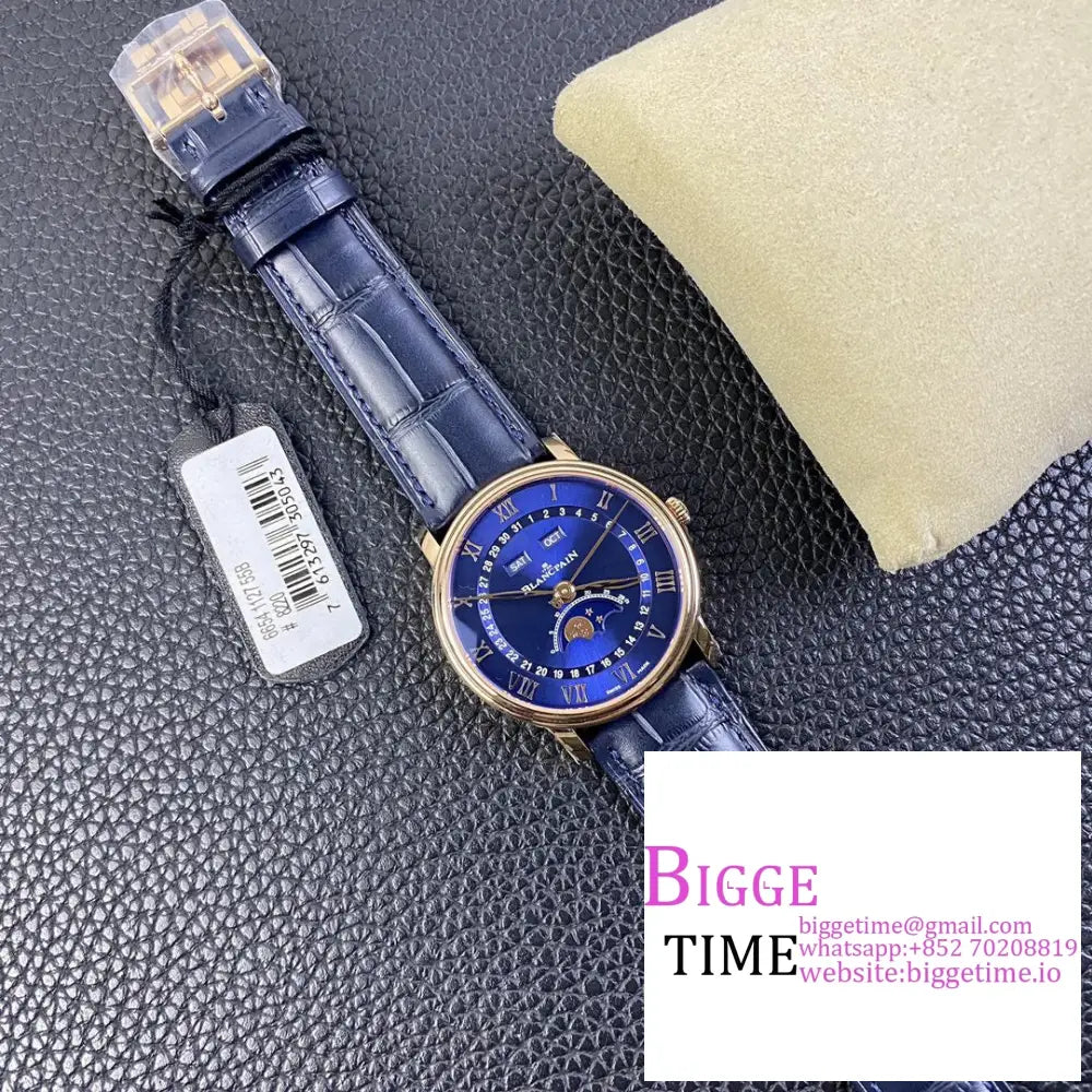 Villeret 6654 40Mm Rg Blue Dial Leather Strap Omf A6654 Blancpain