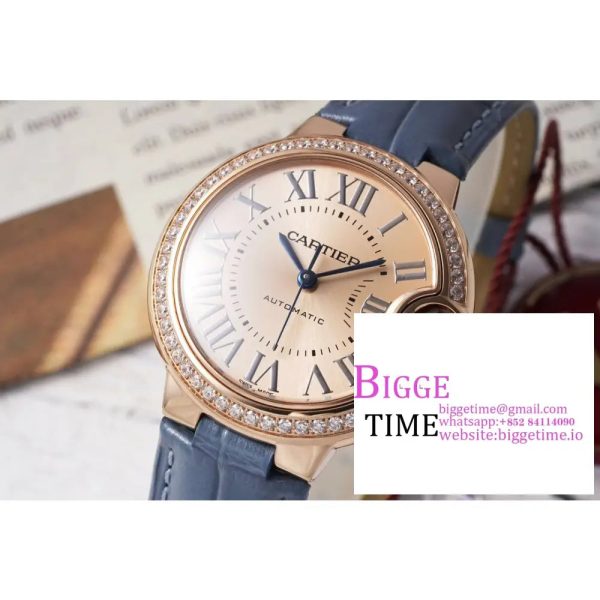 Ballon Bleu De Cartier 33mm RG Diamond Bezel Champagne Dial Blue Leather Strap AF NH05A - Image 2
