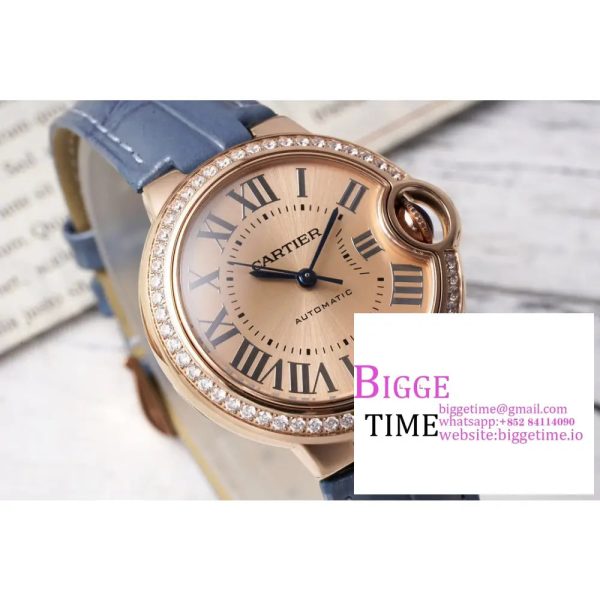 Ballon Bleu De Cartier 33mm RG Diamond Bezel Champagne Dial Blue Leather Strap AF NH05A - Image 3