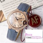 Ballon Bleu De Cartier 33mm RG Diamond Bezel Champagne Dial Blue Leather Strap AF NH05A