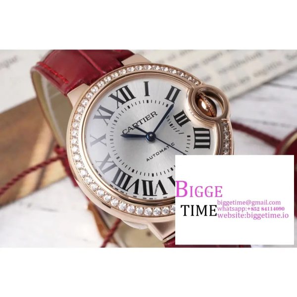 Ballon Bleu De Cartier 33mm RG Diamond Bezel White Dial Red Leather Strap AF NH05A - Image 2