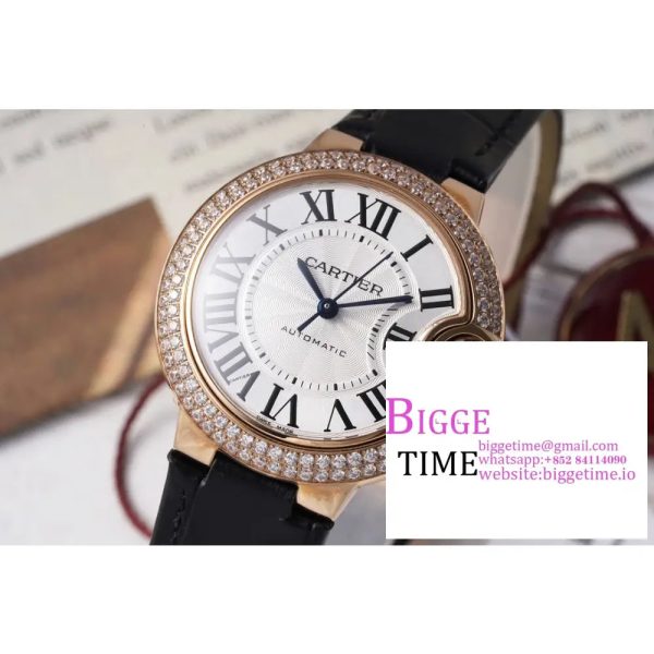 Ballon Bleu De Cartier 33mm RG Double Diamond Bezel White Dial Black Leather Strap AF NH05A - Image 2