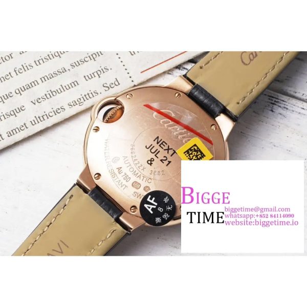 Ballon Bleu De Cartier 33mm RG Double Diamond Bezel White Dial Black Leather Strap AF NH05A - Image 9