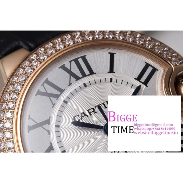 Ballon Bleu De Cartier 33mm RG Double Diamond Bezel White Dial Black Leather Strap AF NH05A - Image 5