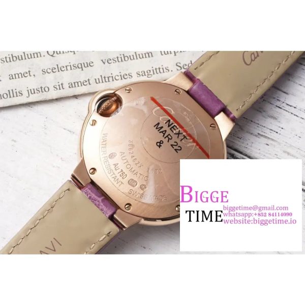 Ballon Bleu De Cartier 33mm RG Double Diamond Bezel White Dial Purple Leather Strap AF NH05A - Image 9