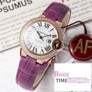 Ballon Bleu De Cartier 33mm RG Double Diamond Bezel White Dial Purple Leather Strap AF NH05A