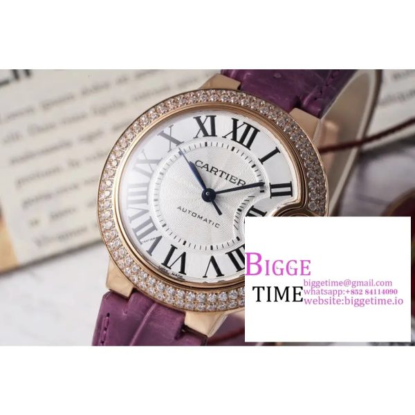 Ballon Bleu De Cartier 33mm RG Double Diamond Bezel White Dial Purple Leather Strap AF NH05A - Image 2