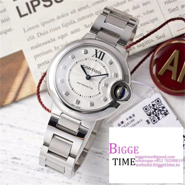 Ballon Bleu De Cartier 33mm White Dial Diamond Marker Two Hands SS Bracelet AF NH05A