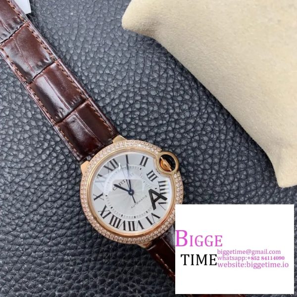 Ballon Bleu De Cartier 36mm RG Double Diamond Bezel White Dial Brown Leather Strap AF A2824 - Image 2