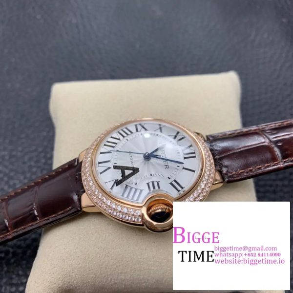 Ballon Bleu De Cartier 36mm RG Double Diamond Bezel White Dial Brown Leather Strap AF A2824 - Image 4