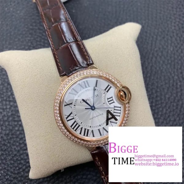 Ballon Bleu De Cartier 36mm RG Double Diamond Bezel White Dial Brown Leather Strap AF A2824 - Image 3