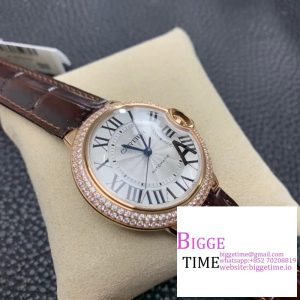 Ballon Bleu De Cartier 36mm RG Double Diamond Bezel White Dial Brown Leather Strap AF A2824