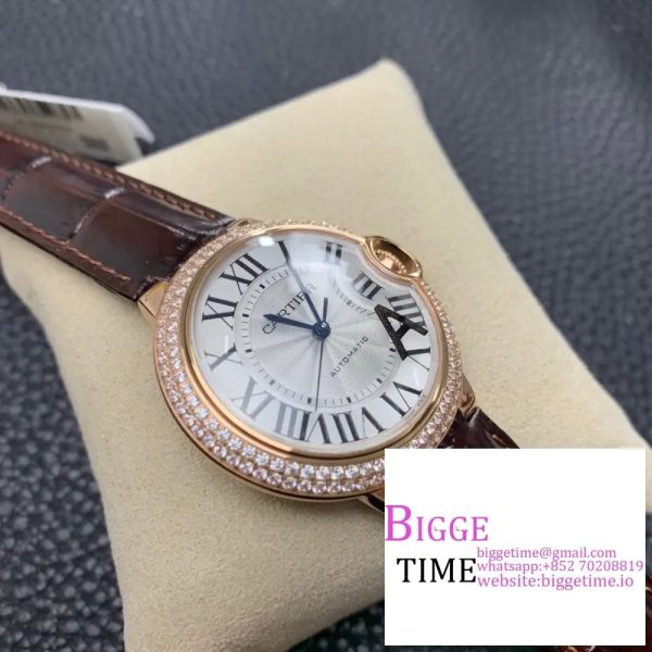 Ballon Bleu De Cartier 36mm RG Double Diamond Bezel White Dial Brown Leather Strap AF A2824