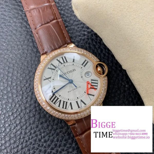 Ballon Bleu De Cartier 42mm RG Double Diamond Bezel White Dial Brown Leather Strap AF A2824 - Image 3