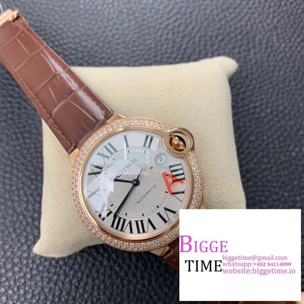 Ballon Bleu De Cartier 42mm RG Double Diamond Bezel White Dial Brown Leather Strap AF A2824 - Image 4