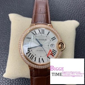 Ballon Bleu De Cartier 42mm RG Double Diamond Bezel White Dial Brown Leather Strap AF A2824