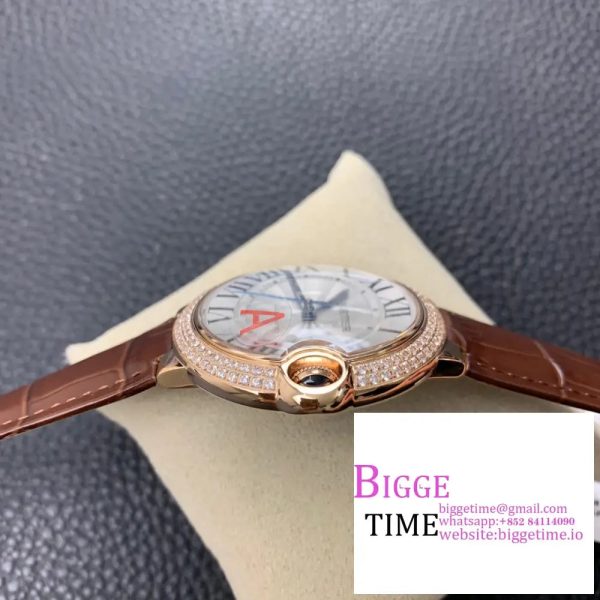 Ballon Bleu De Cartier 42mm RG Double Diamond Bezel White Dial Brown Leather Strap AF A2824 - Image 7