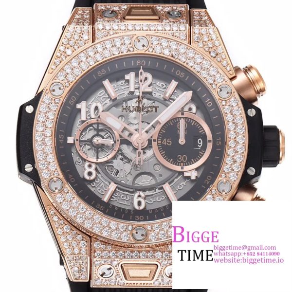 Big Bang Unico Chrono 42mm All Diamond Bezel RG Skeleton Dial Black Rubber Strap BBF A1280 - Image 2
